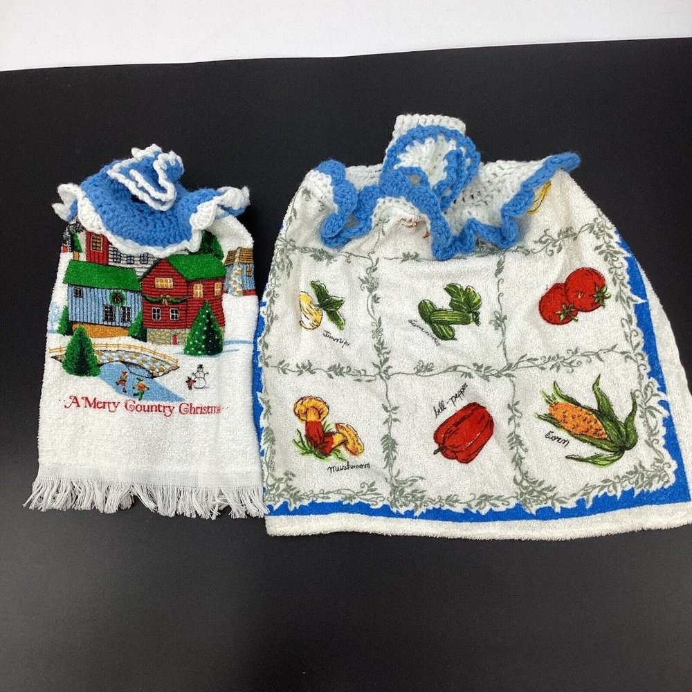 Vtg Kitchen Dish Towels With A Crochet Top and Crochet Button Christmas Veggies